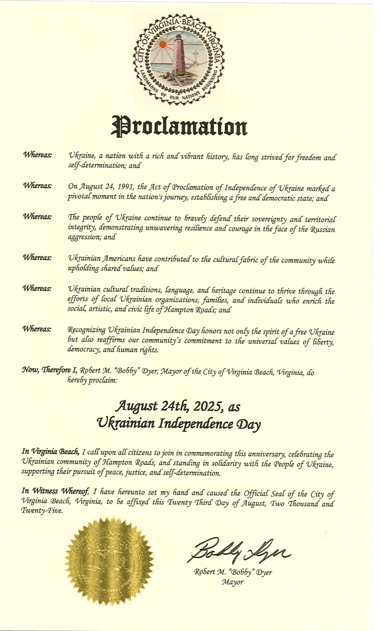 Virginia Beach City Proclamation: Celebrating August 24th as Ukrainian Independence Day