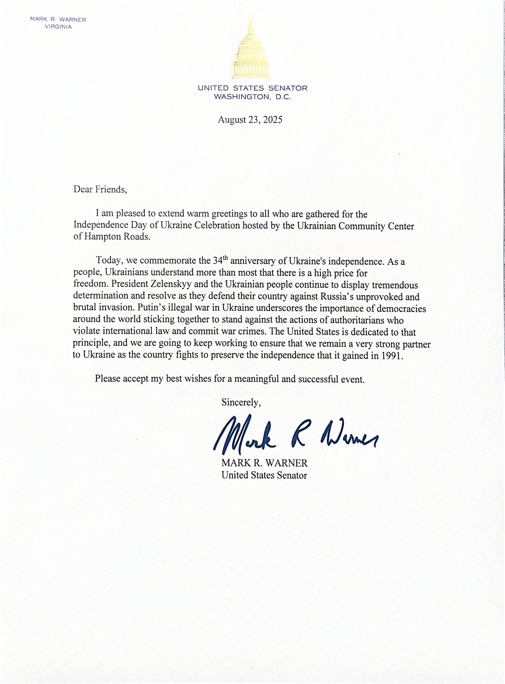 US Senator Mark R. Warner congratulates the local Ukrainian community on the Independence Day of Ukraine