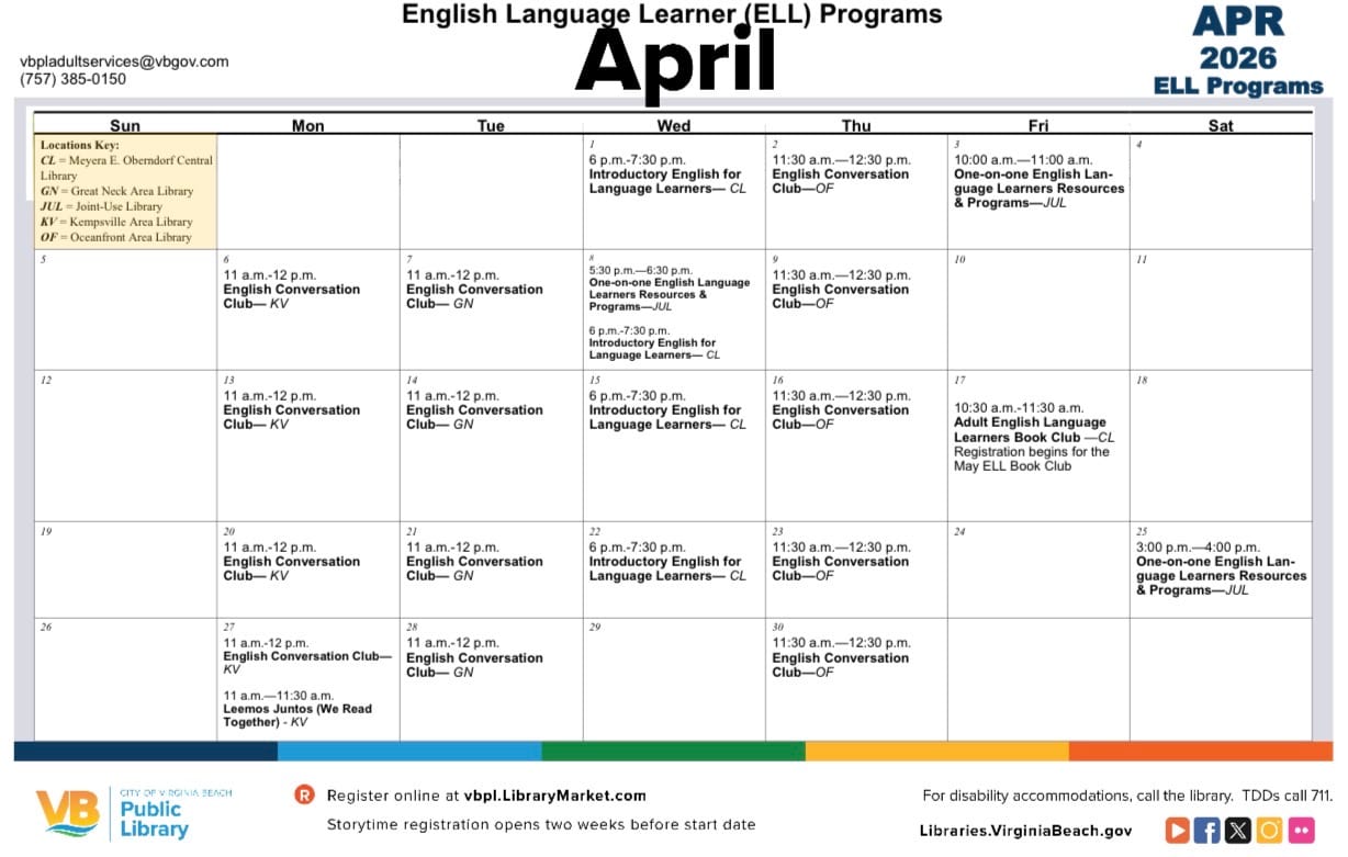 April ELL Calendar Available - Virginia Beach Public Library