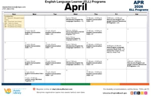 April ELL Calendar Available - Virginia Beach Public Library